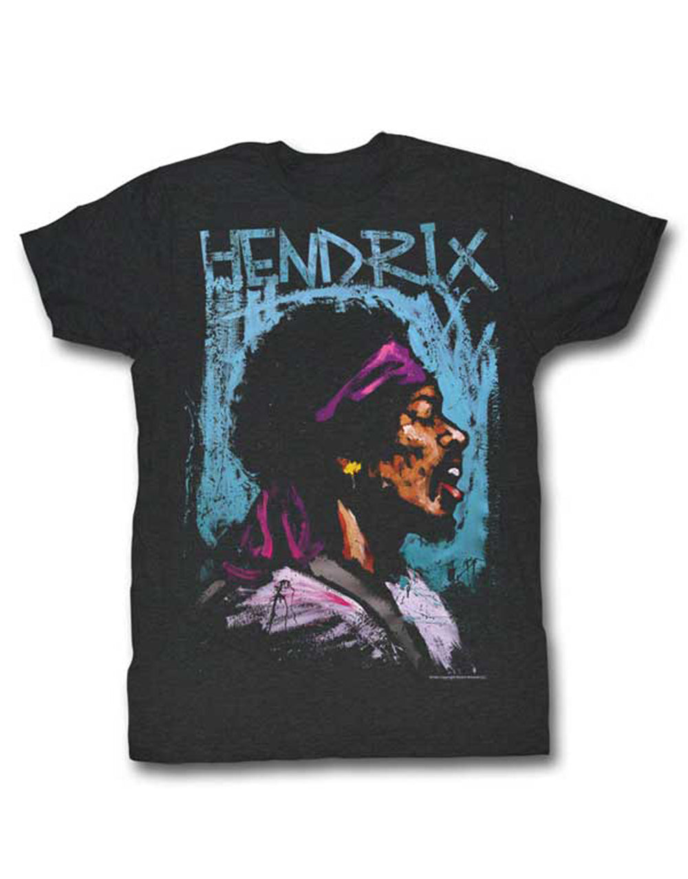 Jimi Hendrix heathered charcoal grey graphic on a heathered charcoal grey adult t-shirt.