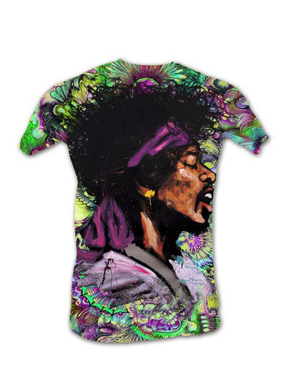Jimi Hendrix art graphic on a kelly green adult t-shirt.