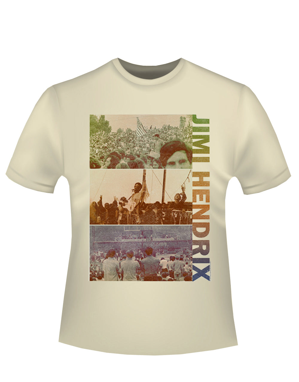 Jimi Hendrix triptych graphic on a french vanilla adult t-shirt.