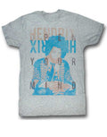 Jimi Hendrix open your mind graphic on a heathered grey adult t-shirt.