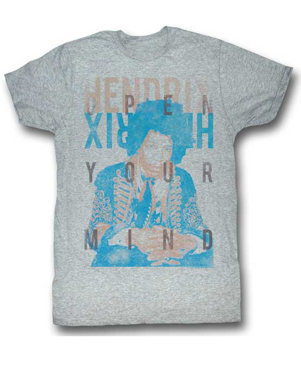 Jimi Hendrix open your mind graphic on a heathered grey adult t-shirt.