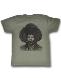 Jimi Hendrix rosebud graphic on a army green adult t-shirt.