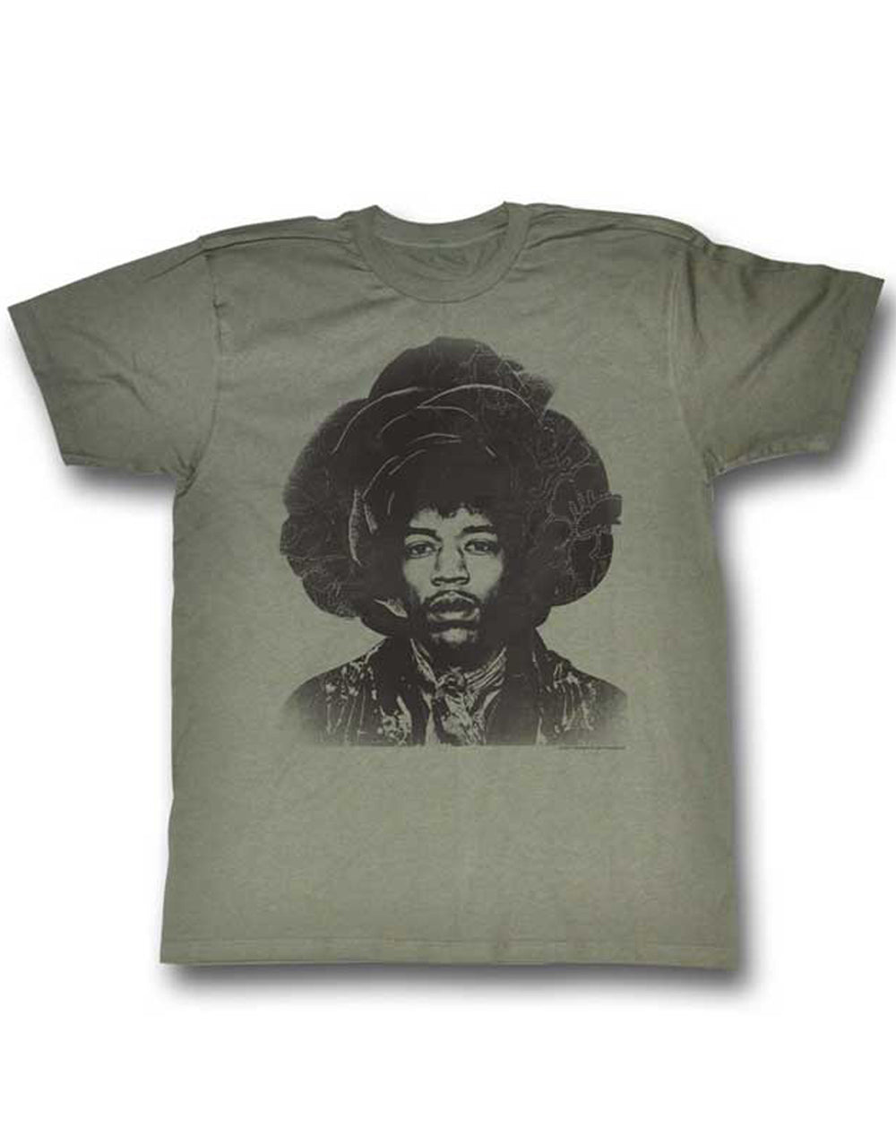 Jimi Hendrix rosebud graphic on a army green adult t-shirt.