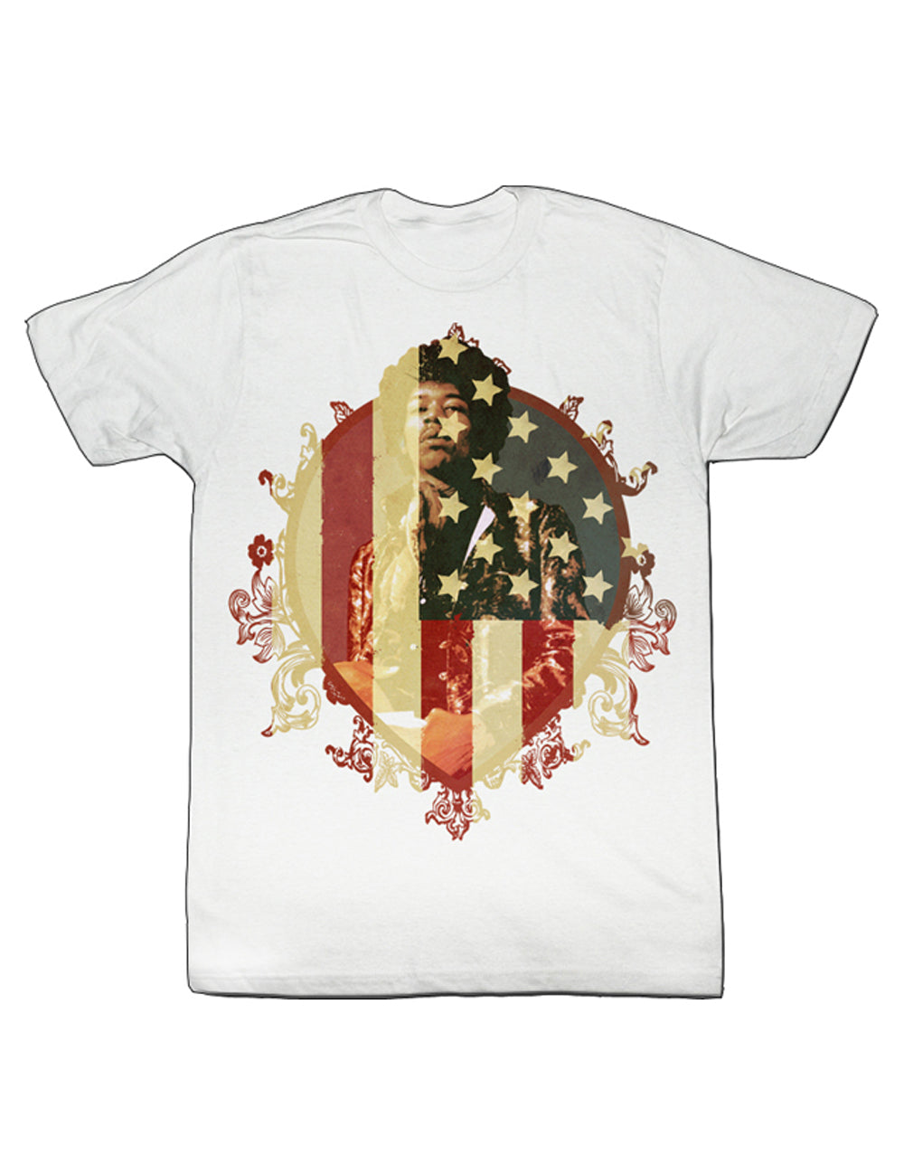 Jimi Hendrix crest thing graphic on a white adult t-shirt.