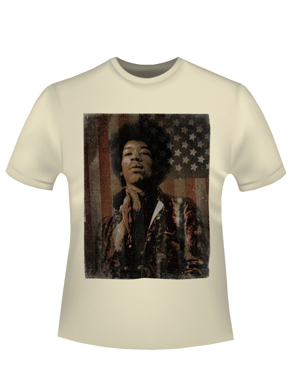 Jimi Hendrix Jimerica graphic on a french vanilla adult t-shirt.