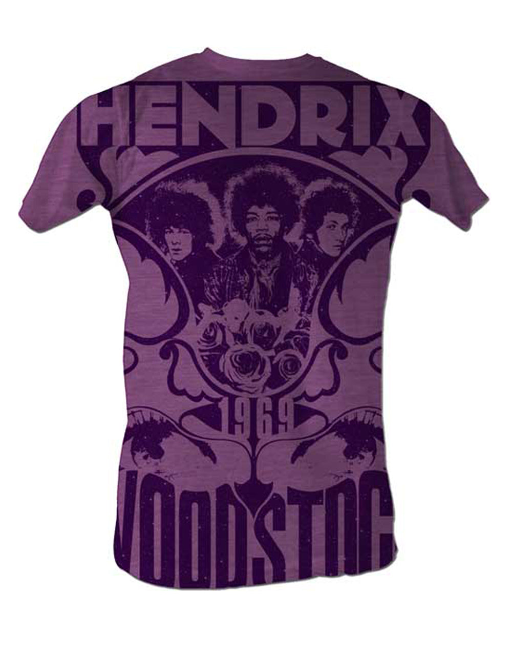 Jimi Hendrix Woodstock experience graphic on a heathered neon purple adult t-shirt.