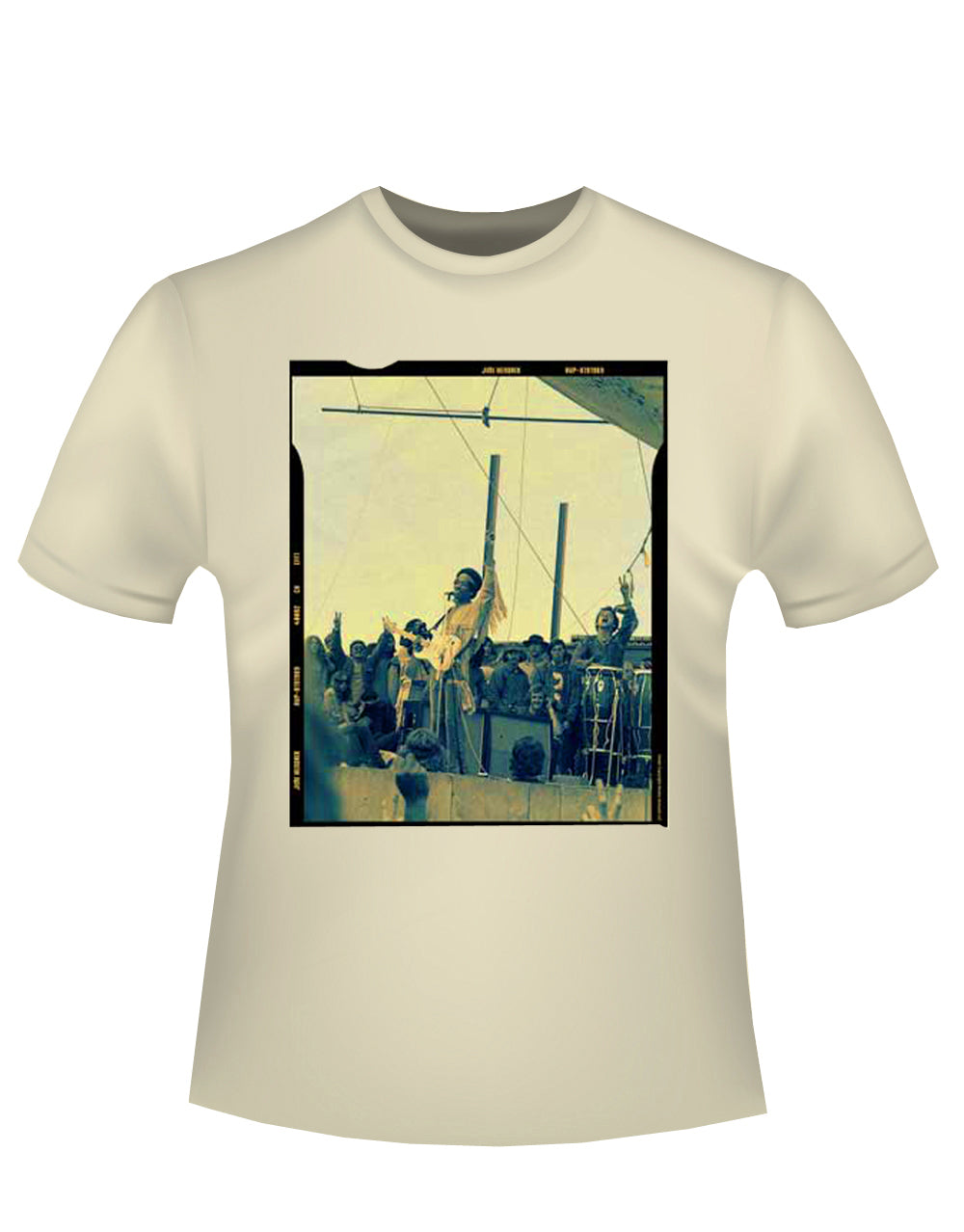 Jimi Hendrix split tone graphic on a french vanilla adult t-shirt.