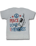 Jimi Hendrix peace love graphic on a silver grey adult t-shirt.