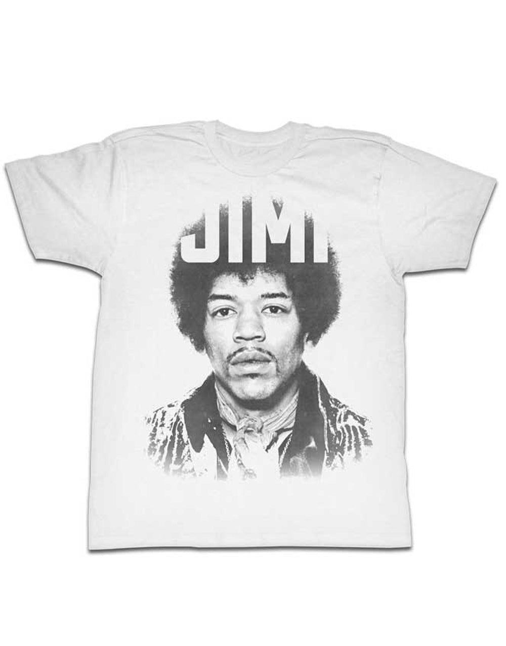 Jimi Hendrix black and white graphic on a white adult t-shirt.