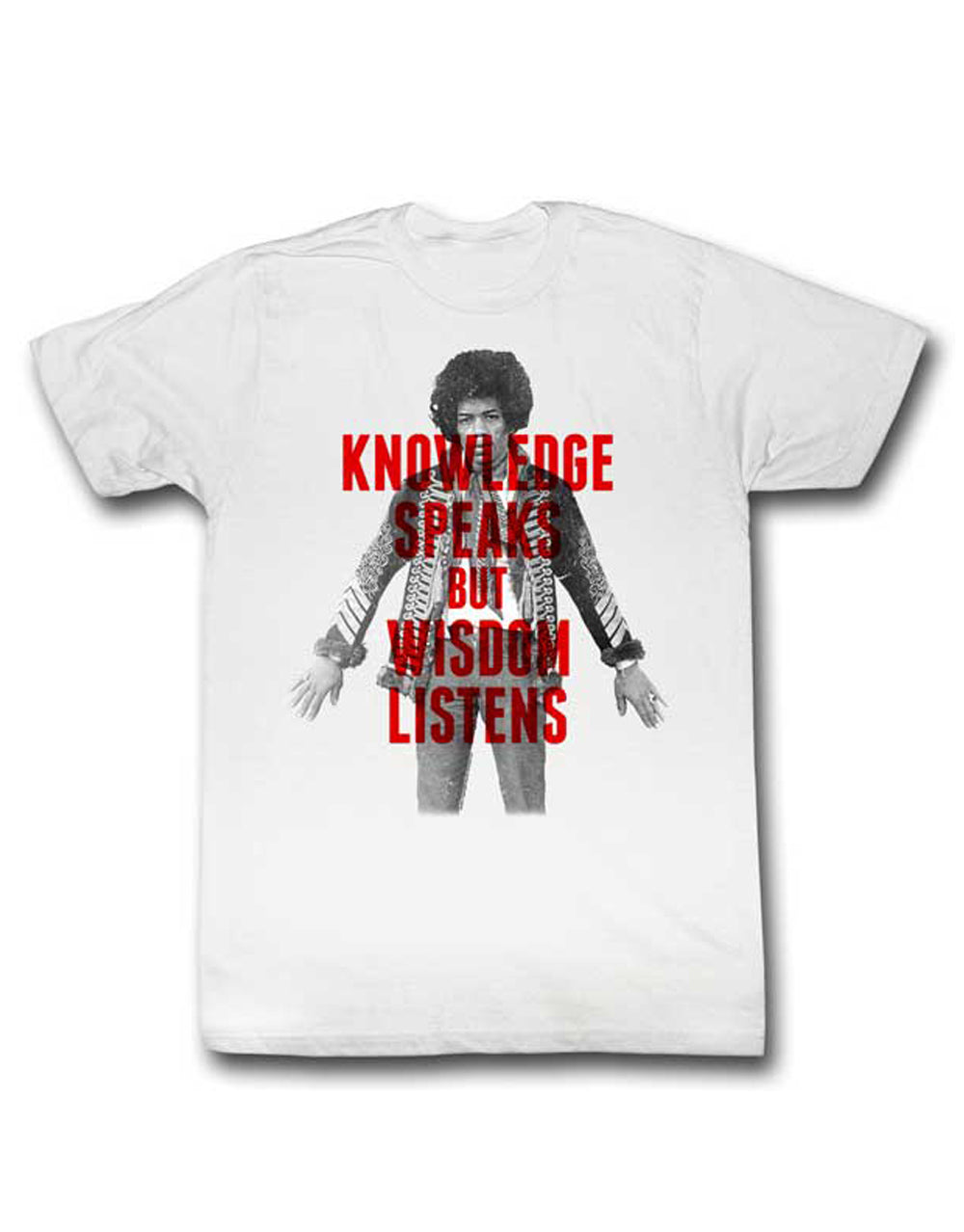 Jimi Hendrix knowledge graphic on a white adult t-shirt.