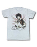 Jimi Hendrix heathered glacier blue graphic on a heathered glacier blue adult t-shirt.