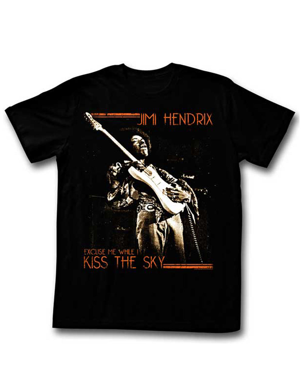 Jimi Hendrix atmospheric smooch graphic on a black adult t-shirt.