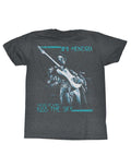 Jimi Hendrix kiss the sky graphic on a heathered arctic grey adult t-shirt.