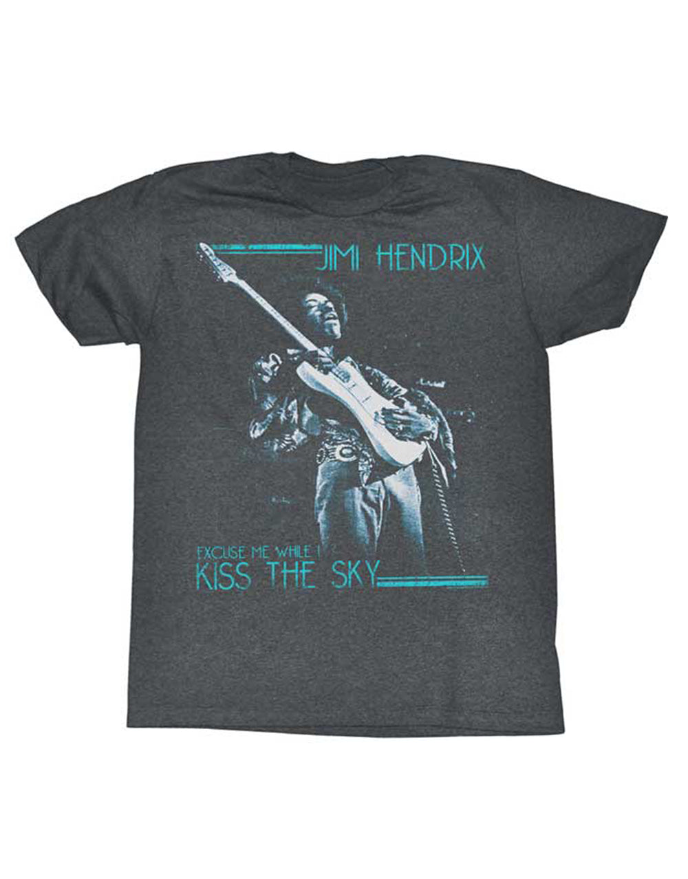 Jimi Hendrix kiss the sky graphic on a heathered arctic grey adult t-shirt.