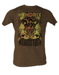 Jimi Hendrix 1969 Woodstock graphic on a heathered mocha brown adult t-shirt.