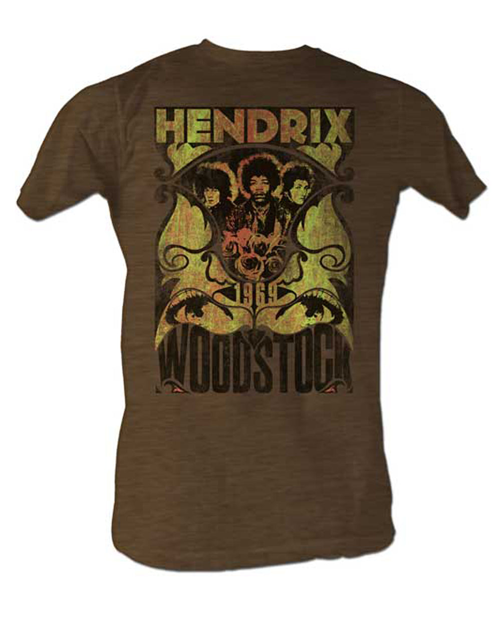 Jimi Hendrix 1969 Woodstock graphic on a heathered mocha brown adult t-shirt.