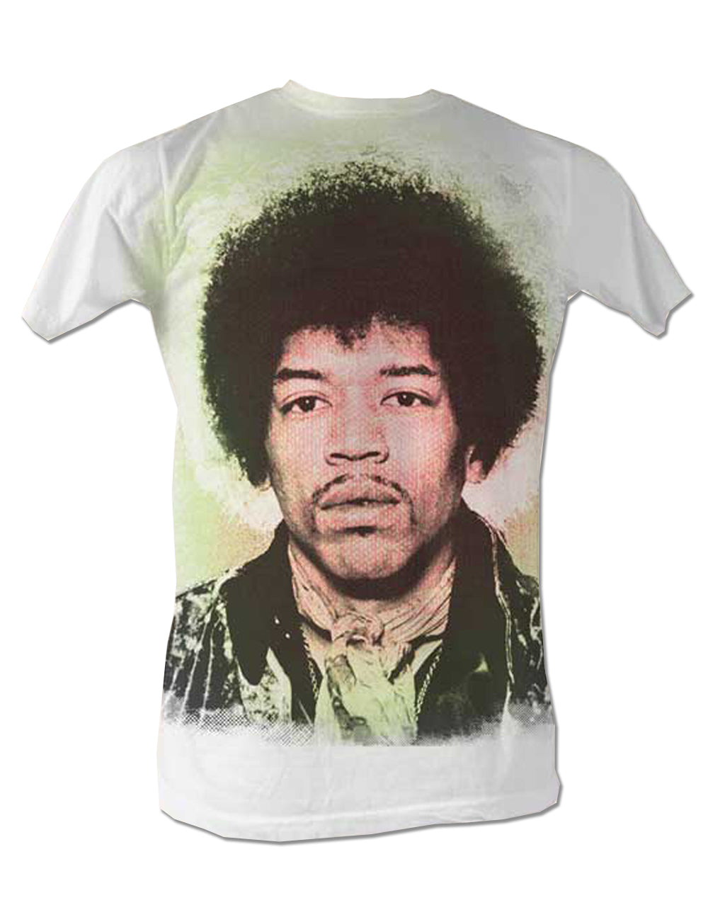 Jimi Hendrix Jimi face graphic on a white adult t-shirt.