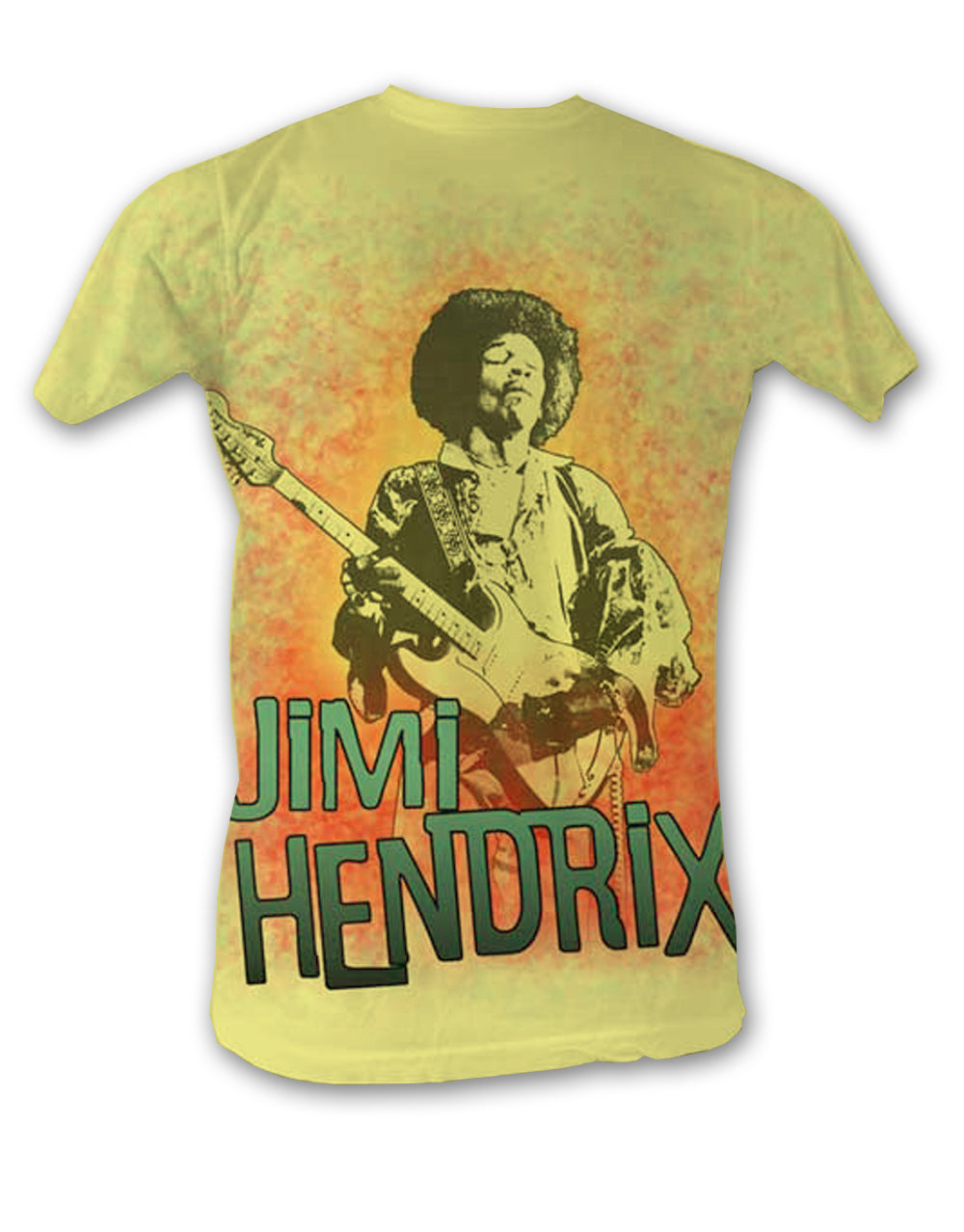 Jimi Hendrix magic guitar graphic on a heathered yellow adult t-shirt.