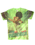 Jimi Hendrix wings graphic on a kelly green adult t-shirt.