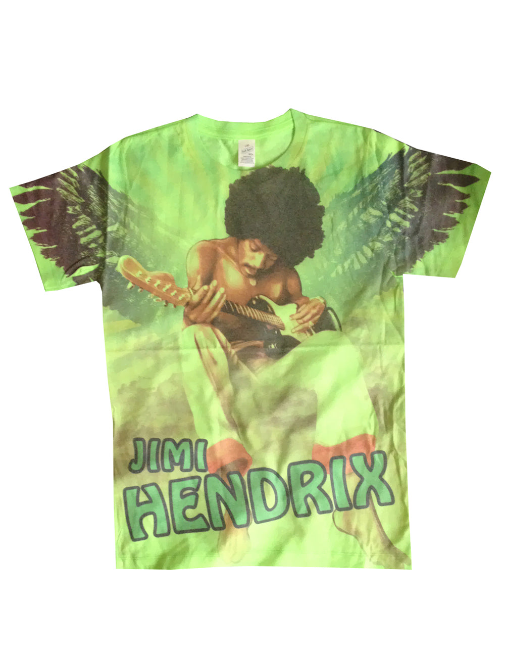 Jimi Hendrix wings graphic on a kelly green adult t-shirt.