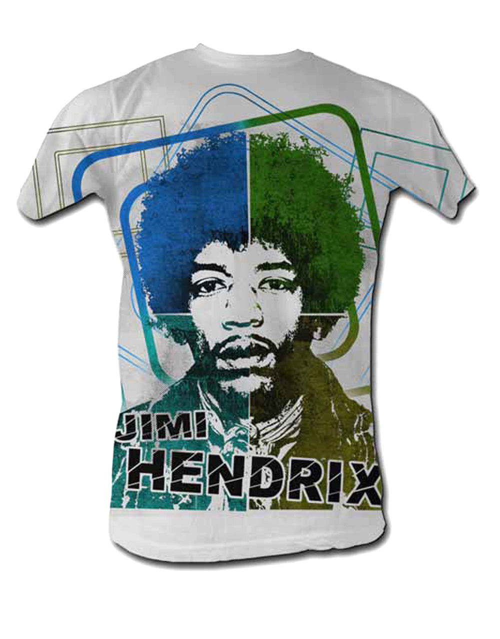 Jimi Hendrix vintage look graphic on a light grey adult t-shirt.