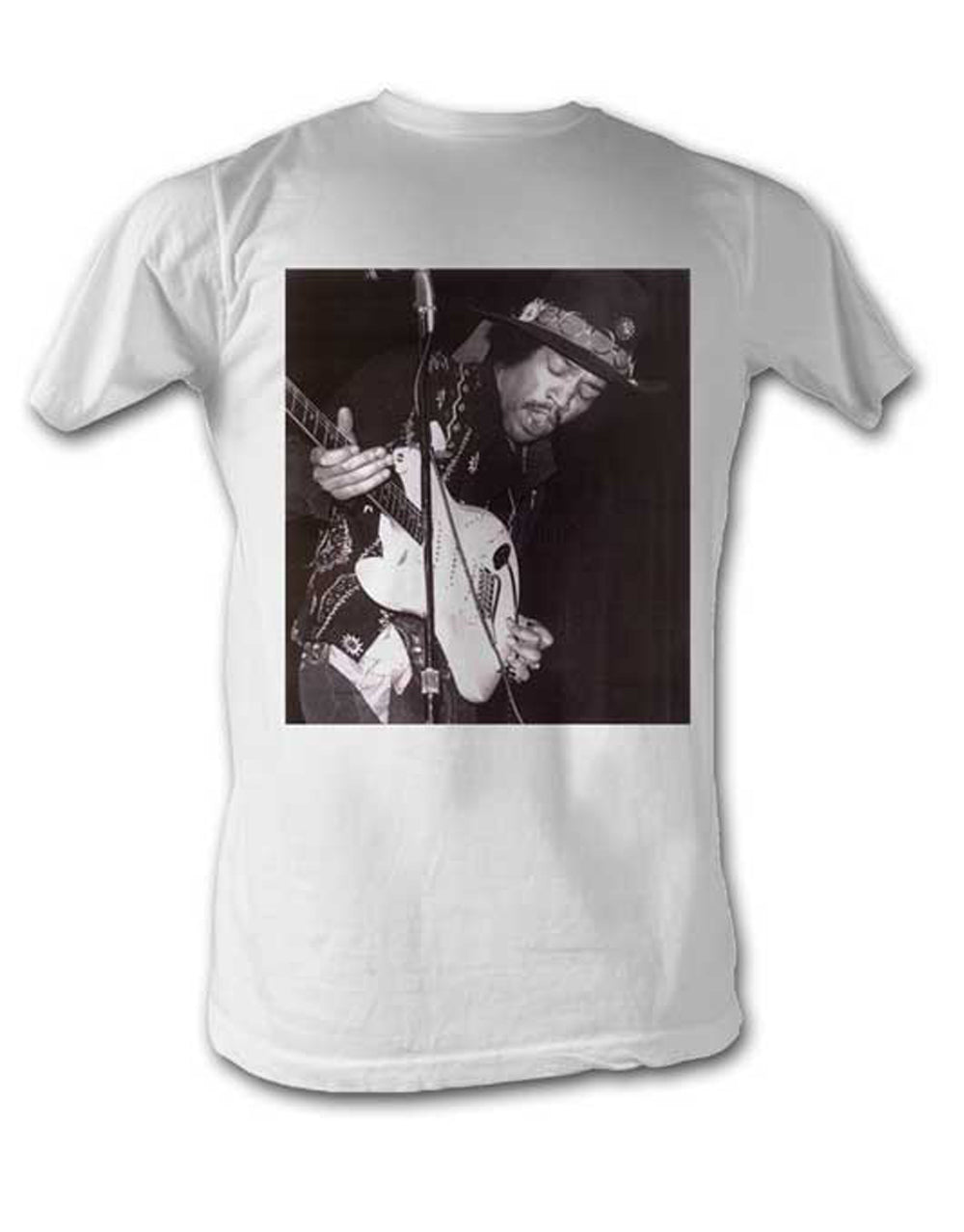 Jimi Hendrix playing guitar graphic on a white adult t-shirt.