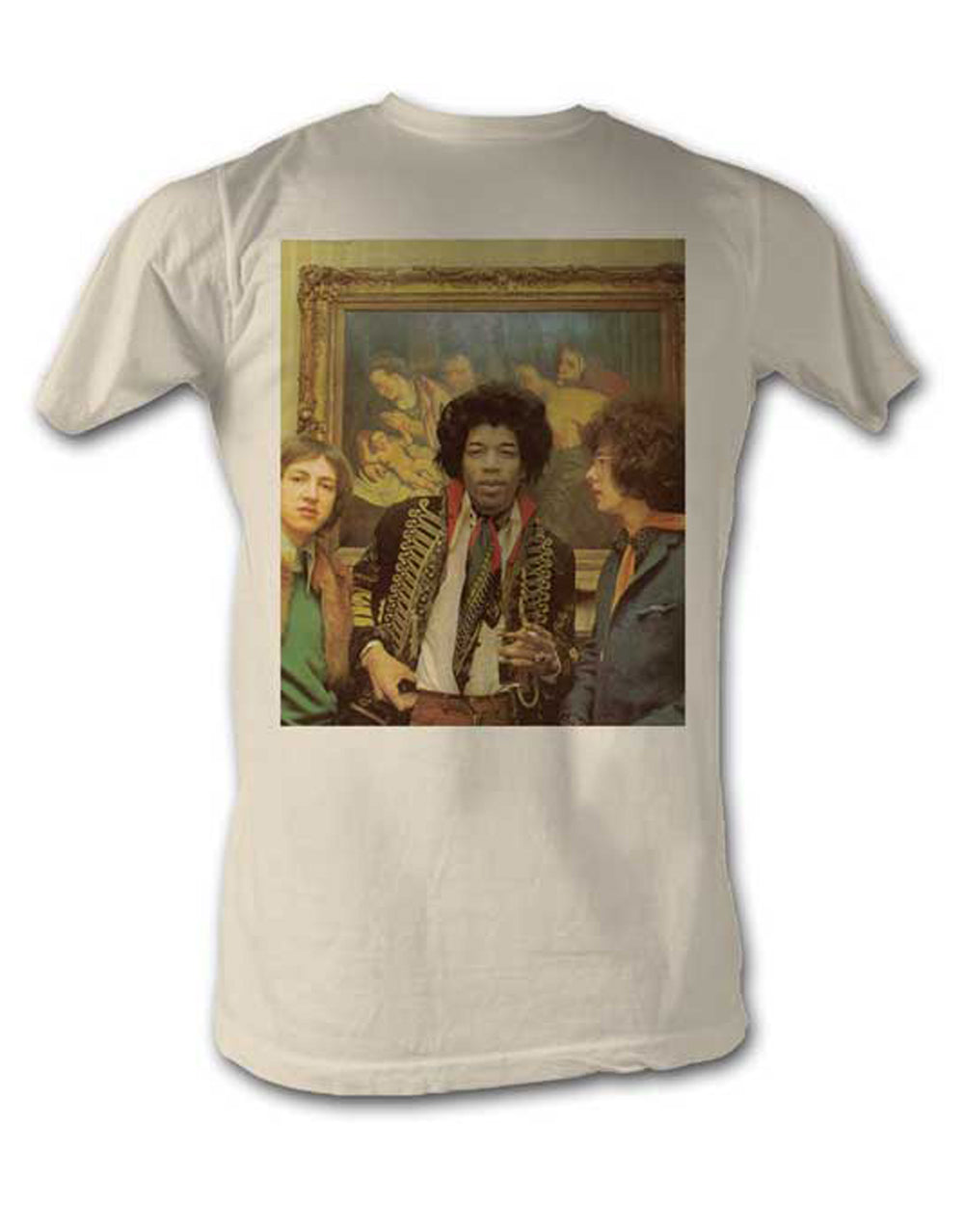 Jimi Hendrix painting graphic on a french vanilla adult t-shirt.