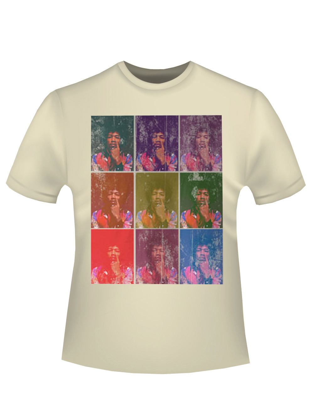 Jimi Hendrix technicolour graphic on a french vanilla adult t-shirt.