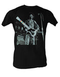 Jimi Hendrix guitar heroine graphic on a black adult t-shirt.