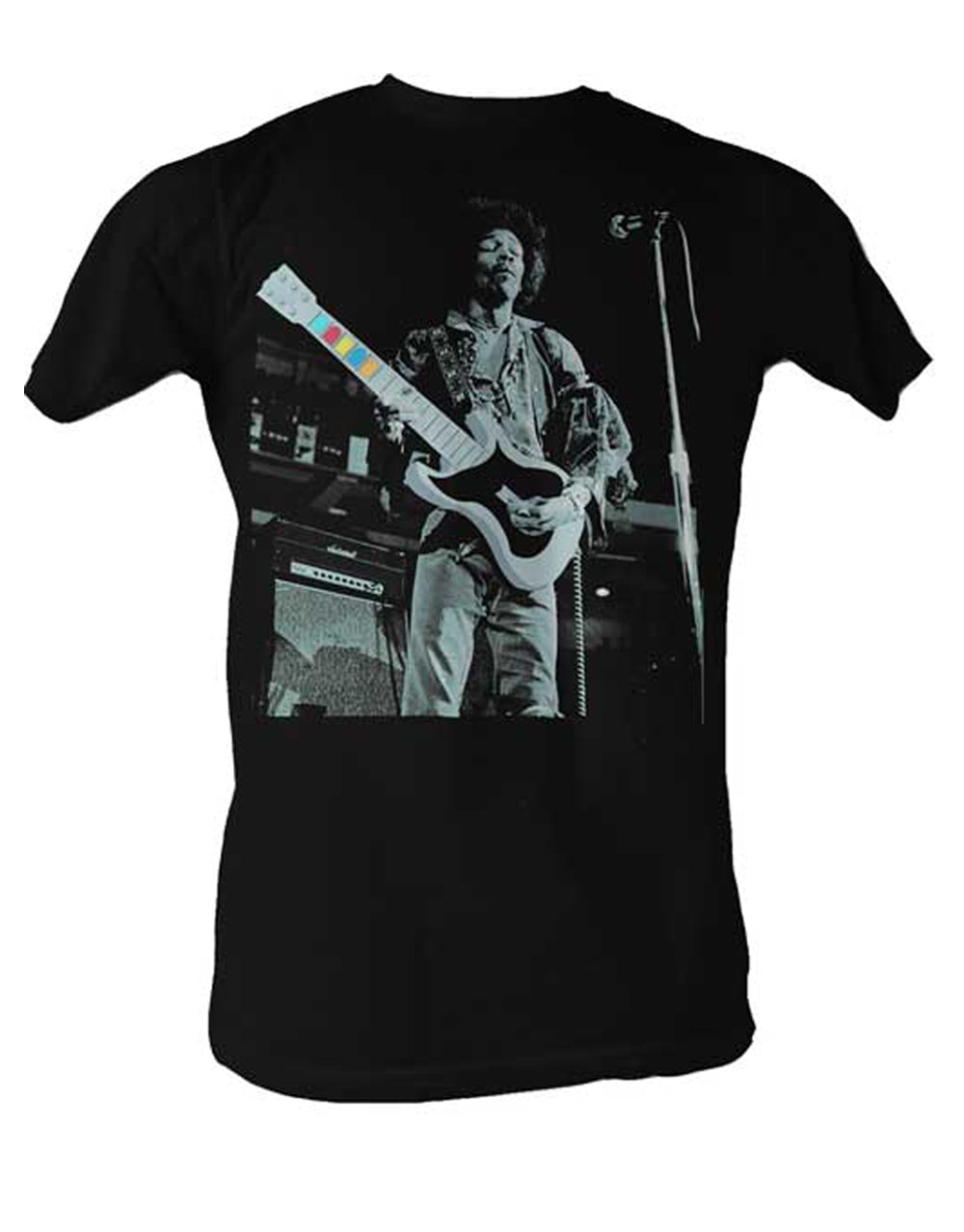 Jimi Hendrix guitar heroine graphic on a black adult t-shirt.