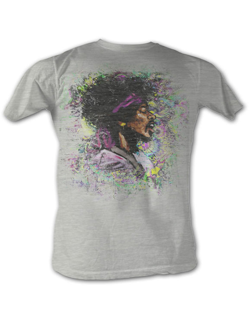 Jimi Hendrix face art grey graphic on a heathered grey adult t-shirt.