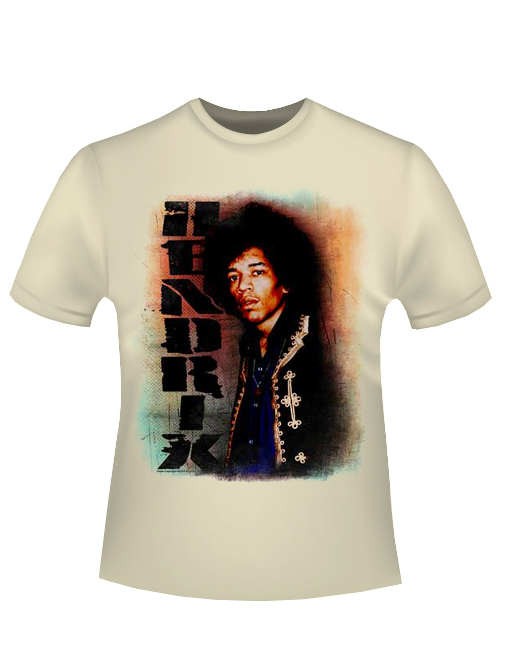 Jimi Hendrix colourful Jimi graphic on a french vanilla adult t-shirt.