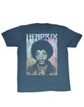 Jimi Hendrix kiss the skyline graphic on a heathered navy blue adult t-shirt.