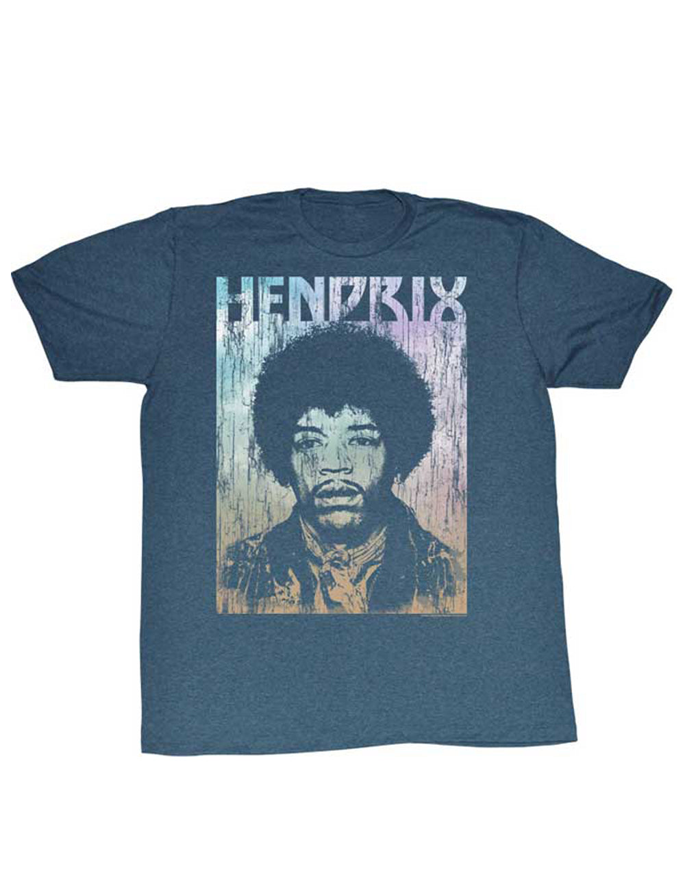 Jimi Hendrix kiss the skyline graphic on a heathered navy blue adult t-shirt.