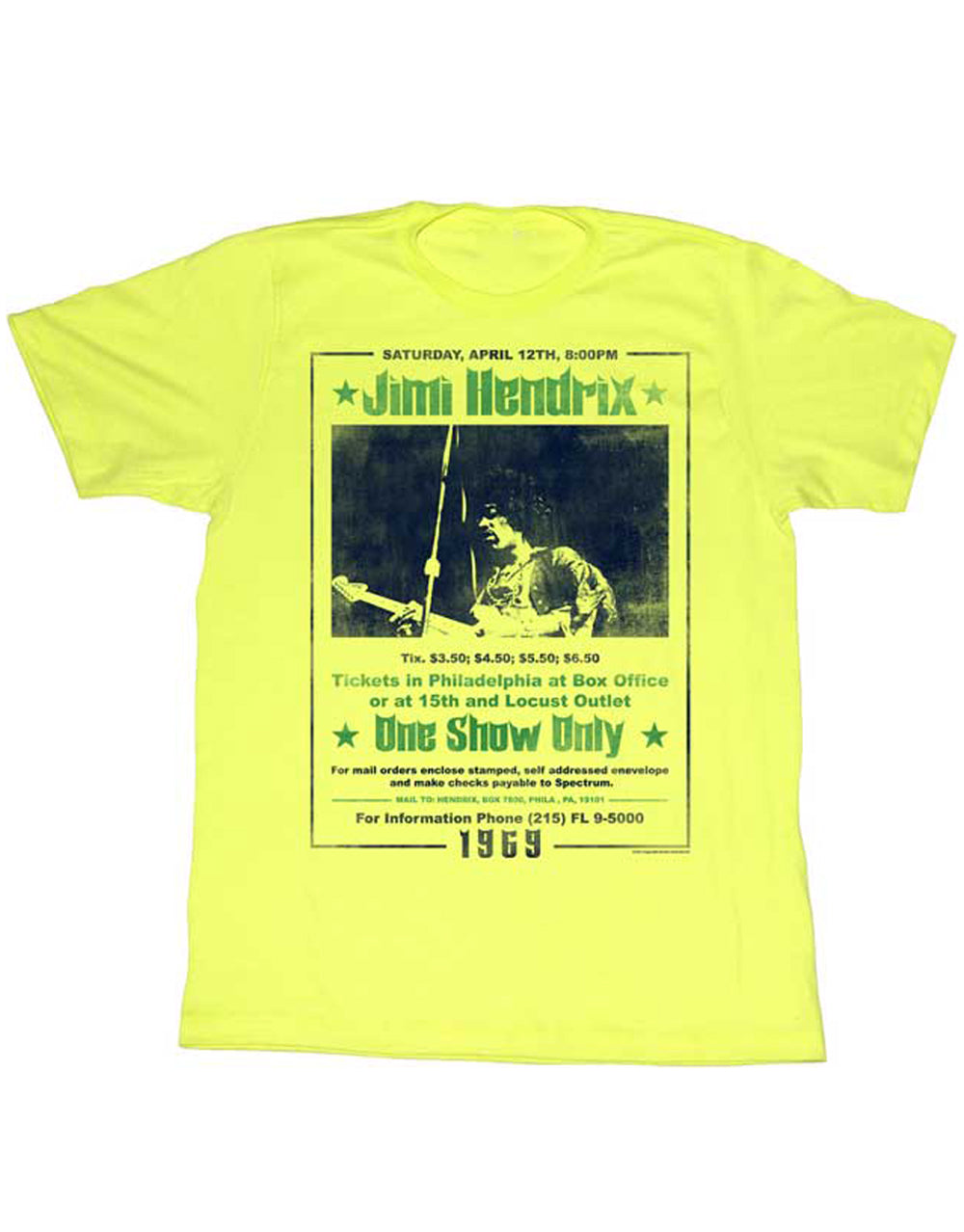 Jimi Hendrix window to the soul graphic on a heathered neon green adult t-shirt.