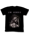 Jimi Hendrix singing graphic on a black adult t-shirt.