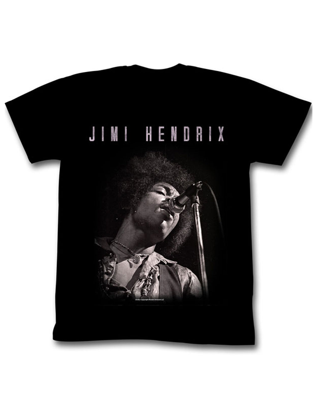 Jimi Hendrix singing graphic on a black adult t-shirt.