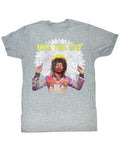 Jimi Hendrix kiss the skyline graphic on a heathered grey adult t-shirt.
