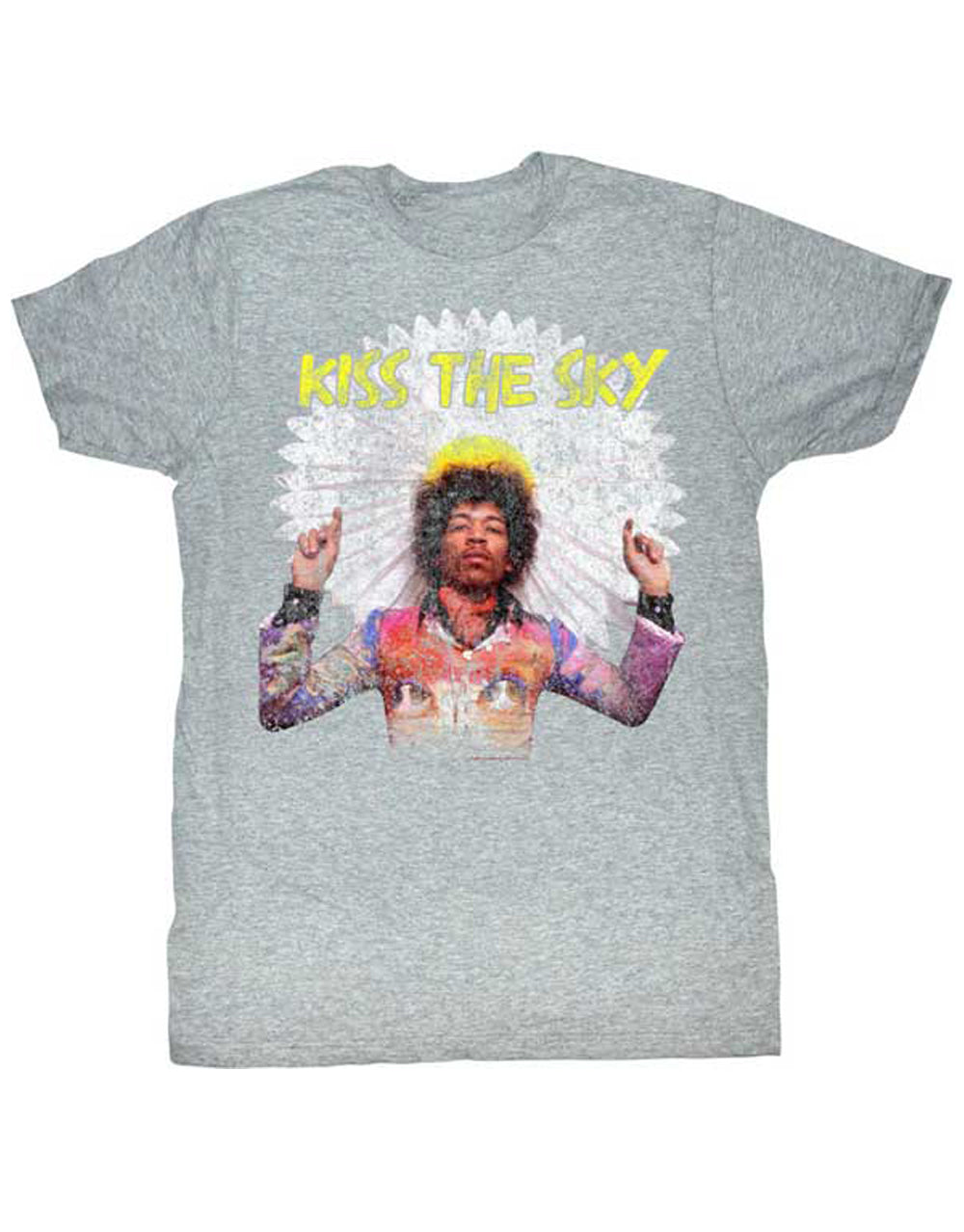 Jimi Hendrix kiss the skyline graphic on a heathered grey adult t-shirt.