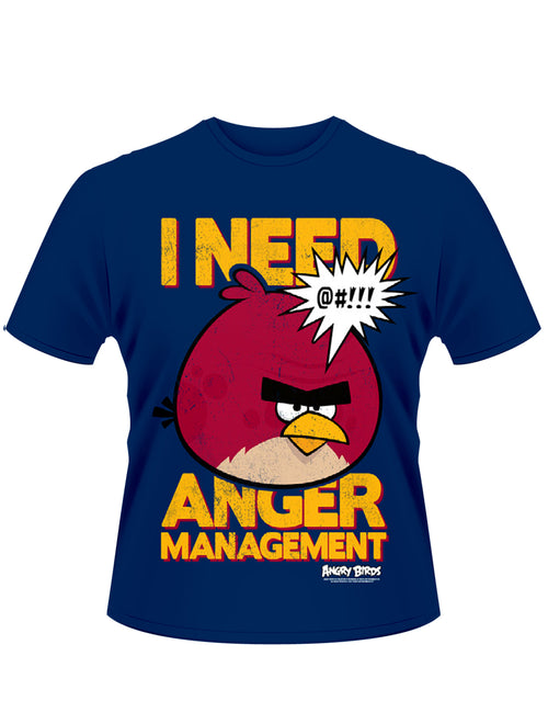 Angry Birds anger management graphic on a navy blue adult t-shirt.
