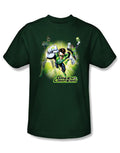 Lantern burst graphic on a green adult t-shirt.