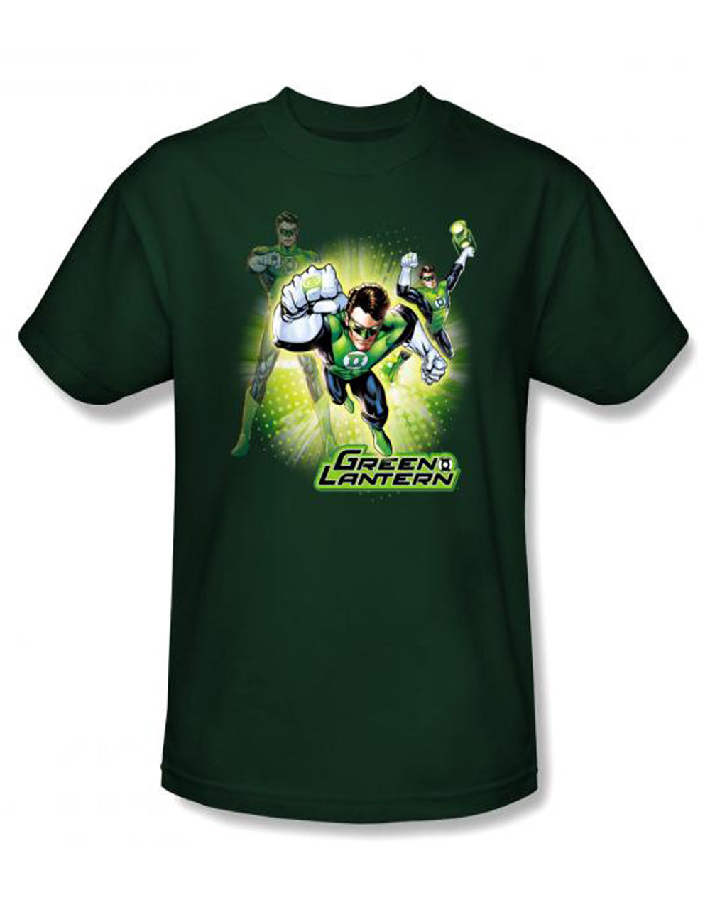 Lantern burst graphic on a green adult t-shirt.