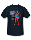 DC Comics protectors graphic on a navy blue adult t-shirt.
