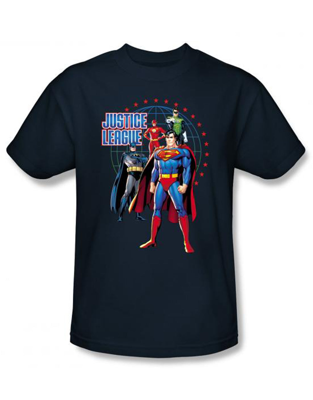 DC Comics protectors graphic on a navy blue adult t-shirt.