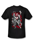 DC Comics explosion graphic on a black adult t-shirt.