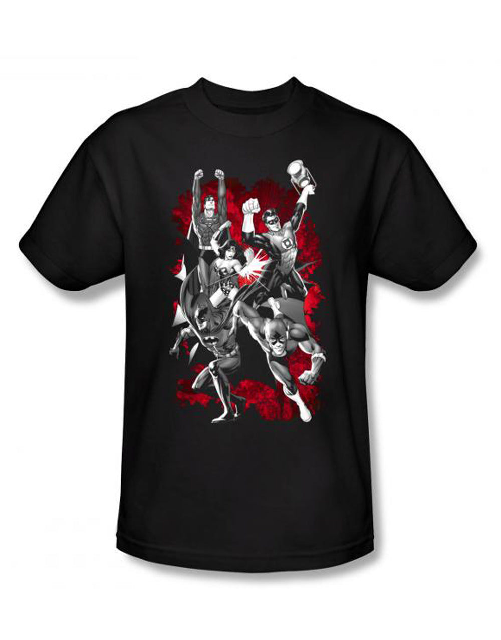 DC Comics explosion graphic on a black adult t-shirt.