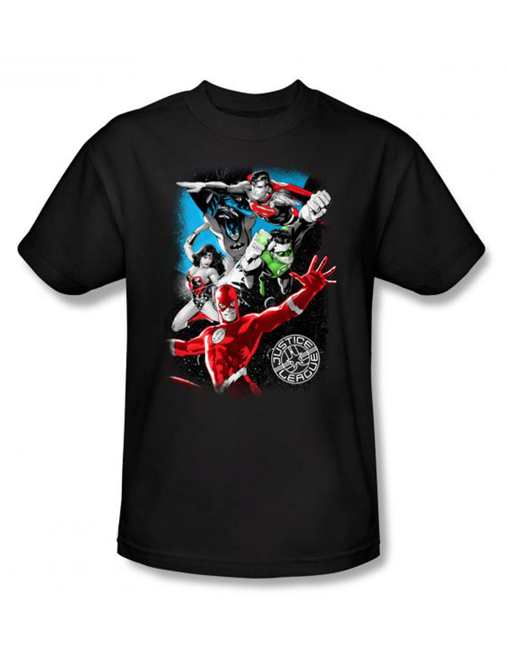 DC Comics galactic graphic on a black adult t-shirt.
