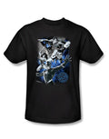 DC Comics nebula graphic on a black adult t-shirt.