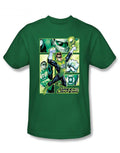 Panels graphic on a green adult t-shirt.