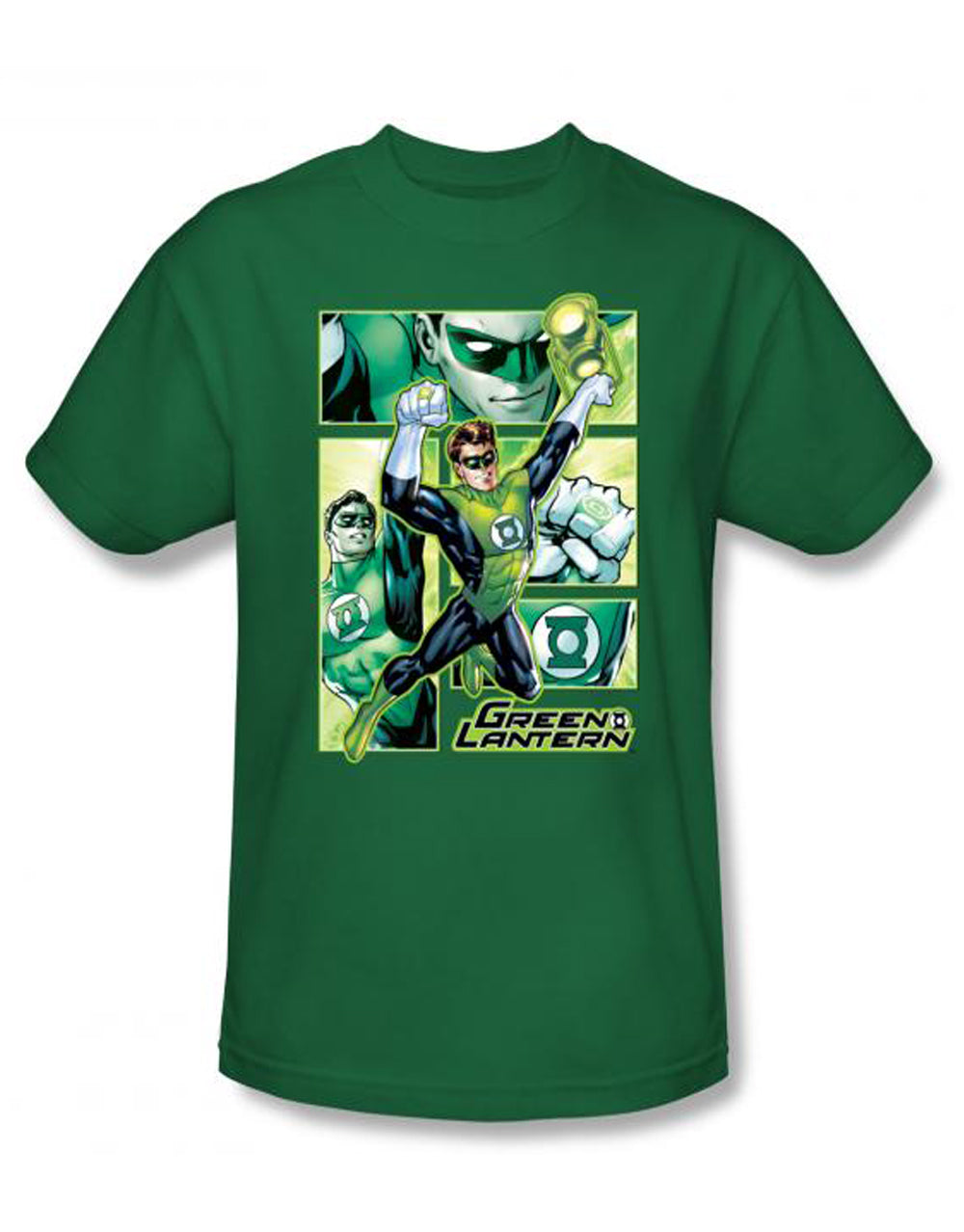 Panels graphic on a green adult t-shirt.